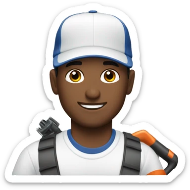 Brunette man with brown eyes and baseball hat holding a leaf blower sticker
