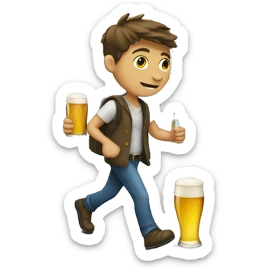 European boy walking down street holding a beer sticker