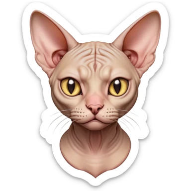 Cinematic Grumpy Sphynx Cat Portrait Emoji, Head tilted slightly with a deeply unimpressed expression, smooth, wrinkled skin with pronounced facial folds giving a permanent look of disapproval, large ears standing tall, piercing eyes narrowed into an unamused glare, Simplified yet comically expressive features, highly detailed, glowing with a dry, sarcastic glow, high shine, effortlessly judgmental yet dignified, stylized with a touch of cynicism, bright but brooding, soft glowing outline, capturing the essence of an eternally unimpressed yet endearing feline, so lifelike it feels like it could sigh heavily at you in disdain at any moment! sticker