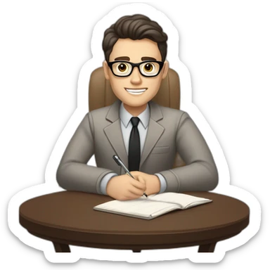 Pale skinned Fit Man With dark brown hair in gray jacket, beige office shirt and vintage glasses sitting In a soft chair with a notebook with emblem Ψ and a pen in his hands sticker