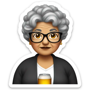 Chubby Mexican grandma with long curly black and gray  hair and glasses and a corona beer sticker