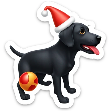 A black lab playing with a toy lobster sticker
