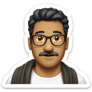 Latino man with mustaches, 25 years old, weighing 80 kilos.  with transparent glasses and a French cut haircut, gold earrings and a white T-shirt with a scarf around the neck sticker