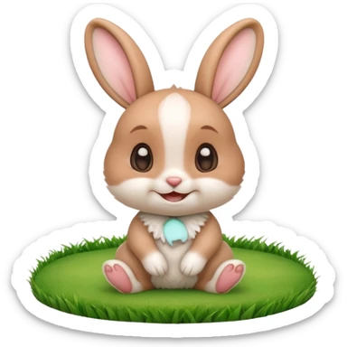 A cute 3D cartoon rabbit sitting on green grass, soft white fur, big ears, round eyes, and a cheerful smile, bright natural lighting, Memoji-style. sticker