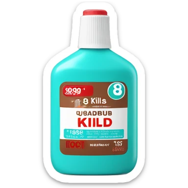Turquoise Mouthwash bottle with white stickers and brown cap . the white stickers have small red letters that say kills 99% of batería  sticker