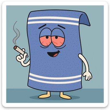 humorous blue towel character inspired by South Park, with a joint and red eyes sticker