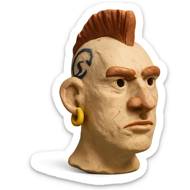 claymation style head of a white man with mohawk, earring, and head tattoo sticker