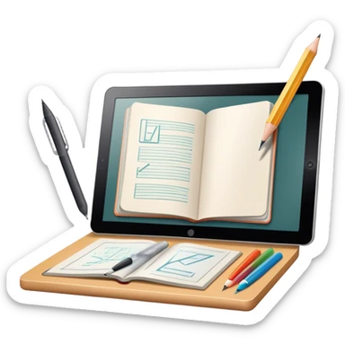 Colourfull Illustration icon, pencil, paintbrush, gel pen, graphic tablet or monitor with digital illustration, open book with sketches, minimalistic style, clean lines, transparent background. sticker