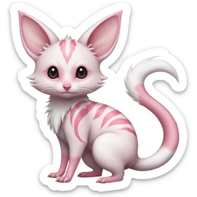 Cute realistic albino Minccino-Lykoi-Emolga-Pachirisu-Zangoose-fusion-hybrid-animal-Fakémon-creature, full body, thin long sleek scaly tail, intricate markings sticker