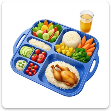 colorful meal tray on table, top view, canteen atmosphere sticker