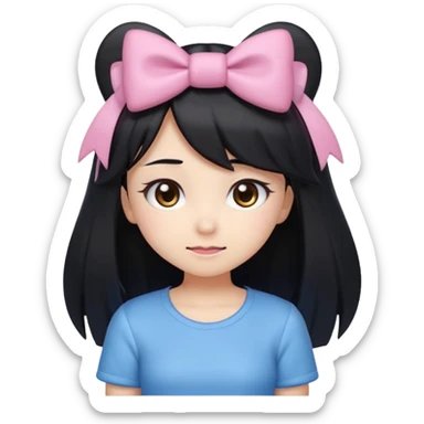 A kawaii-style emoji of a cute anime girl with long, straight black hair, with side bangs, big shiny brown eyes, and soft makeup. She has a small pink bow on her hair and is wearing a pastel blue top but with a Sonic the Hedgehog design printed on it (cute Sonic style). sticker