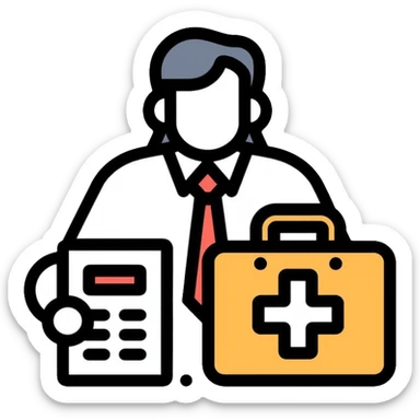 Swiss financial advisor with Swiss cross symbol, briefcase and calculator sticker