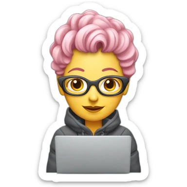 Middle aged woman with pink Hair with Grey laptop and skis sticker