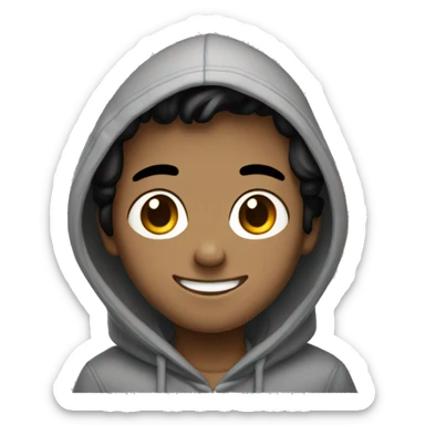 smiling boy in grey hoodie with black hair and back ayes sticker