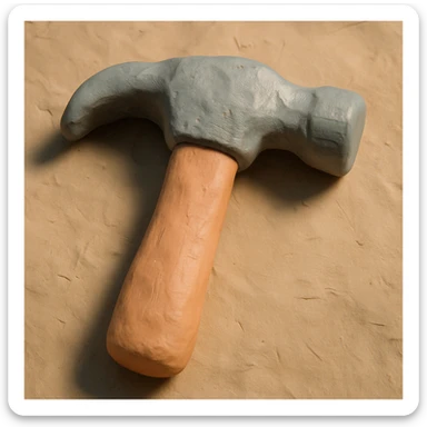A claymation hammer with a wooden handle and a metallic head, matte texture with visible fingerprints, pastel colors sticker