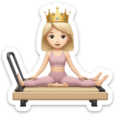 Cute sticker emoji of a “Pilates Princess” doing Pilates on a reformer machine. She is wearing beige activewear with a tiny crown. Soft kawaii style, round shapes, happy face. White outline, vector, transparent background. sticker