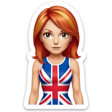 Geri Halliwell with red hair and blonde highlights wearing a short bodycon uk flag dress sticker