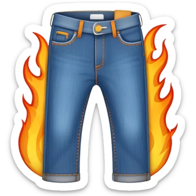 pair of blue jeans with animated flames coming out of the waistband, blending fire and jeans emoji concepts, playful emoji style sticker