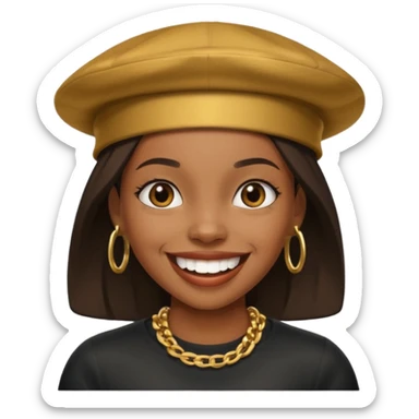 Black girl smiling with a gold grill and skully hat sticker
