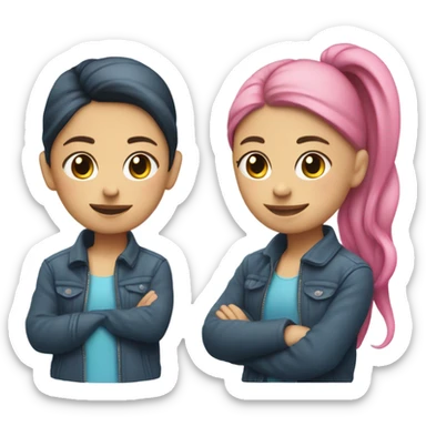 girl in jacket by car with two ponytails, one blue and the other pink sticker