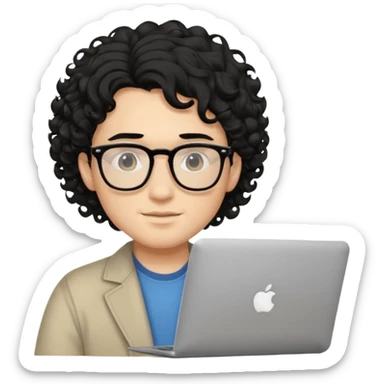 guy with wavy kinda curly black hair and light-to-medium skin tone like cream and glasses, with a macbook sticker