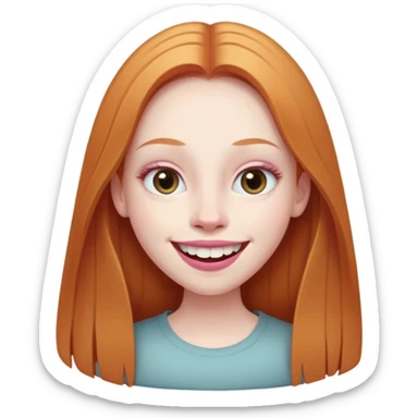 traditional emoji of young girl with very pale skin, long straight muted ginger hair, elongated oval face, bigger human-like eyes positioned close together, wide nose, full pink lips with a big smile showing extremely large and prominent teeth, less intense expression sticker