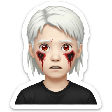 ok make a zombie avatar that has pale skin more like zombie not human, young, asian, mullet hair, white hair with hoop earrings wearing just a black T shirt white blood from the eyes, p sticker