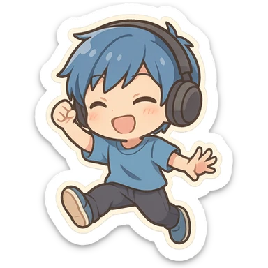 chibi anime boy with blue hair and headphones, playful pose sticker