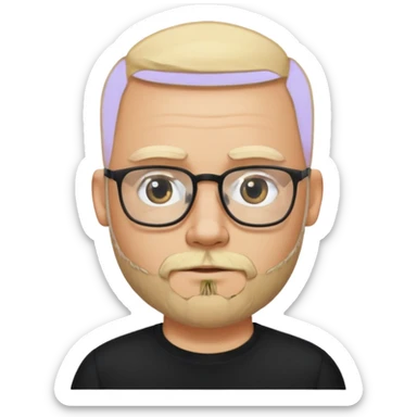 bearded blonde bald man with eyeglasses with black shirt sticker