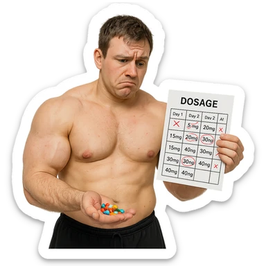 realistic beginner bodybuilder with swollen but asymmetric muscles, holding handful of colorful pills, doubtful look, dosage chart full of errors, white background, 4K quality sticker
