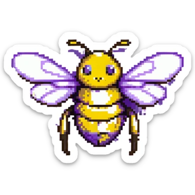 A pixelated bee with black and yellow stripes and wings sticker