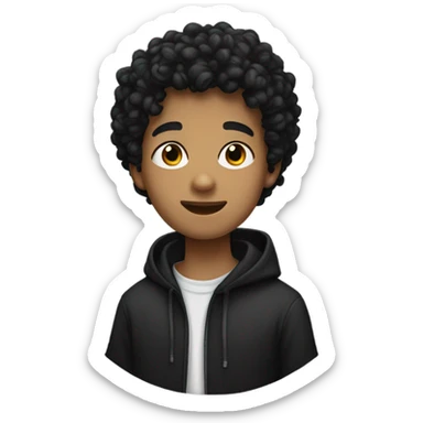 a young male with medium skin and curly black hair, wearing a black hoodie sticker