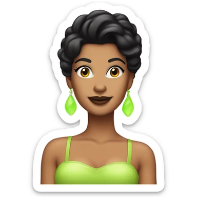 Tanned woman with black hair dressed in 1990s pop princess hair, makeup, and neon attire  sticker