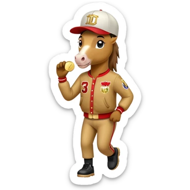 friendly anthropomorphised horse in RUN DMC style outfit, gold medal, baseball hat sticker
