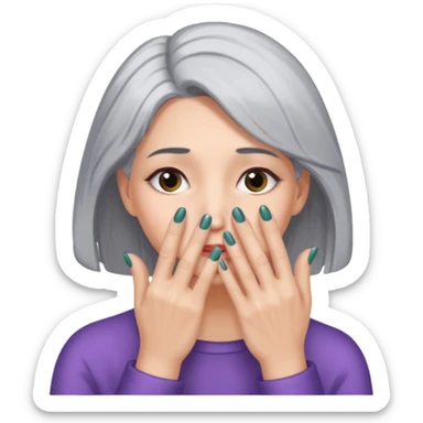 woman with gray hair and hand covering face sticker