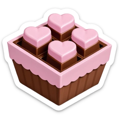 Two square milk chocolate 2 pralines only, Each praline is a sharp-edged cube with smooth glossy chocolate coating, placed in a small white fluted paper candy cup. On top of each cube is a flat pastel pink heart-shaped icing, thin and smooth, slightly translucent, with fine sugar crystal sparkle. sticker