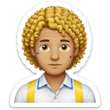 Make me an emoji that has a guy with a white shirt and yellow tape around the shirt with brown and blue spots hair make the hair curly make the yellow tape go around it sticker