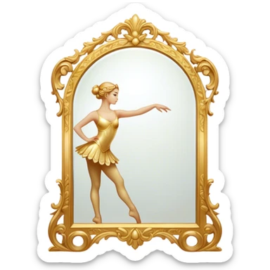 Cinematic Realistic Mirror, a large, ornate mirror reflecting a dancer’s poised silhouette, soft golden light creating depth, slight smudges on the glass adding realism, glowing with a timeless and artistic presence. sticker