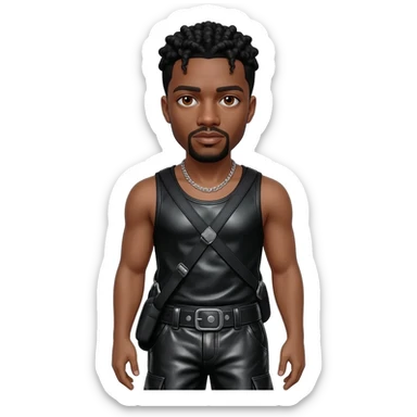 Usher with brown eyes, black hair, black metallic boat tank top, black metallic baggy pants, silver necklace sticker