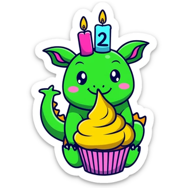 dragon with 1 line smiley eyes, blowing out candles on a cloud cupcake, in a 'making a wish' pose sticker