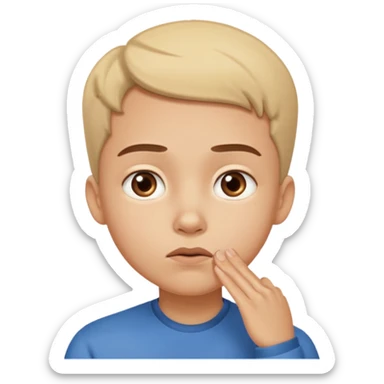 Person hesitating, looking up with hand on chin. Cartoon style. sticker