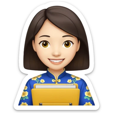 Teacher emoji but : european volume dark brown hair, light skin, no glasses, dark eyes, with a computer folder in the hand (color is yellow), being a teacher, wearing a chinese qipao ( dark blue), smile with teeth





 sticker