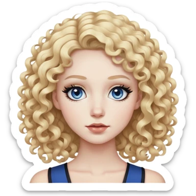 curly blonde hair, pale skin skin, dark blue eyes, pretty bratz baddie, black eyeliner sticker