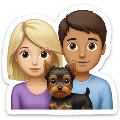 one tan boy with dark brown hair and one girl that is blonde and a yorkie sticker