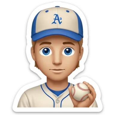 white guy with light brown hair blue eyes with baseball cap on holding a shot sticker