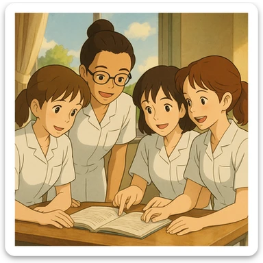 Four nursing students collaborating, Ghibli style, in short-sleeved white medical uniforms with V-neck collars, left chest pockets, no stand-up collars, no stethoscopes, clean sleeves. Character traits inspired by four provided photos. sticker