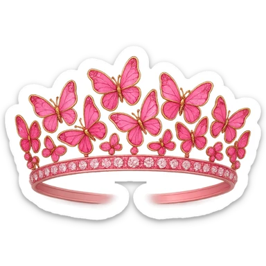 Edit the butterfly crown to have a pink base, colorful enamel butterflies in pink shades, and sparkling gems. Keep the background transparent. sticker