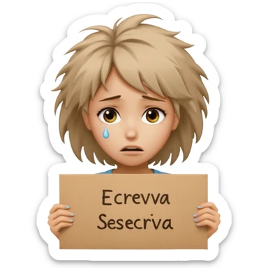 Sad realistic emoji of a young woman with messy hair, holding a cardboard sign that says "ESCREVA-SE", emotional begging expression, cinematic lighting, shallow depth of field, soft blurred background, high detail, viral social media style sticker