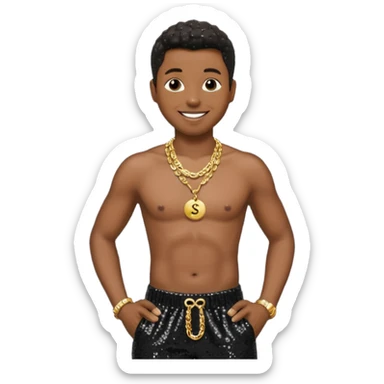 Kenneth Babyface Edmonds with black sequin baggy pants, shirtless with necklace sticker