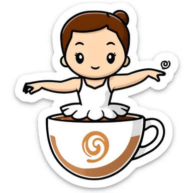Ballerina twirling in a cappuccino cup, coffee foam creating her tutu sticker